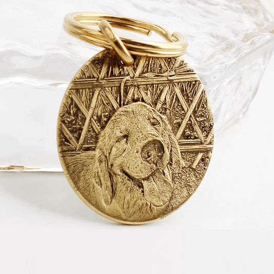 Custom bronze engraved pendant featuring a lifelike pet portrait, perfect as a keepsake or pet tag